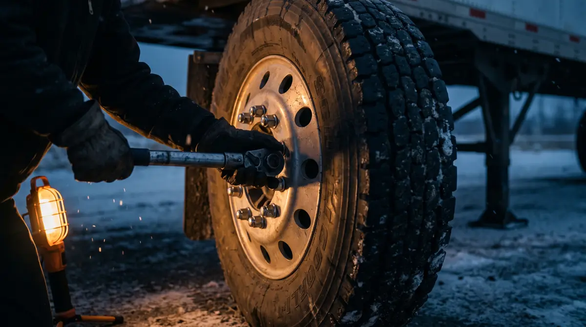 Technician torquing the lug nuts on a heavy truck wheel