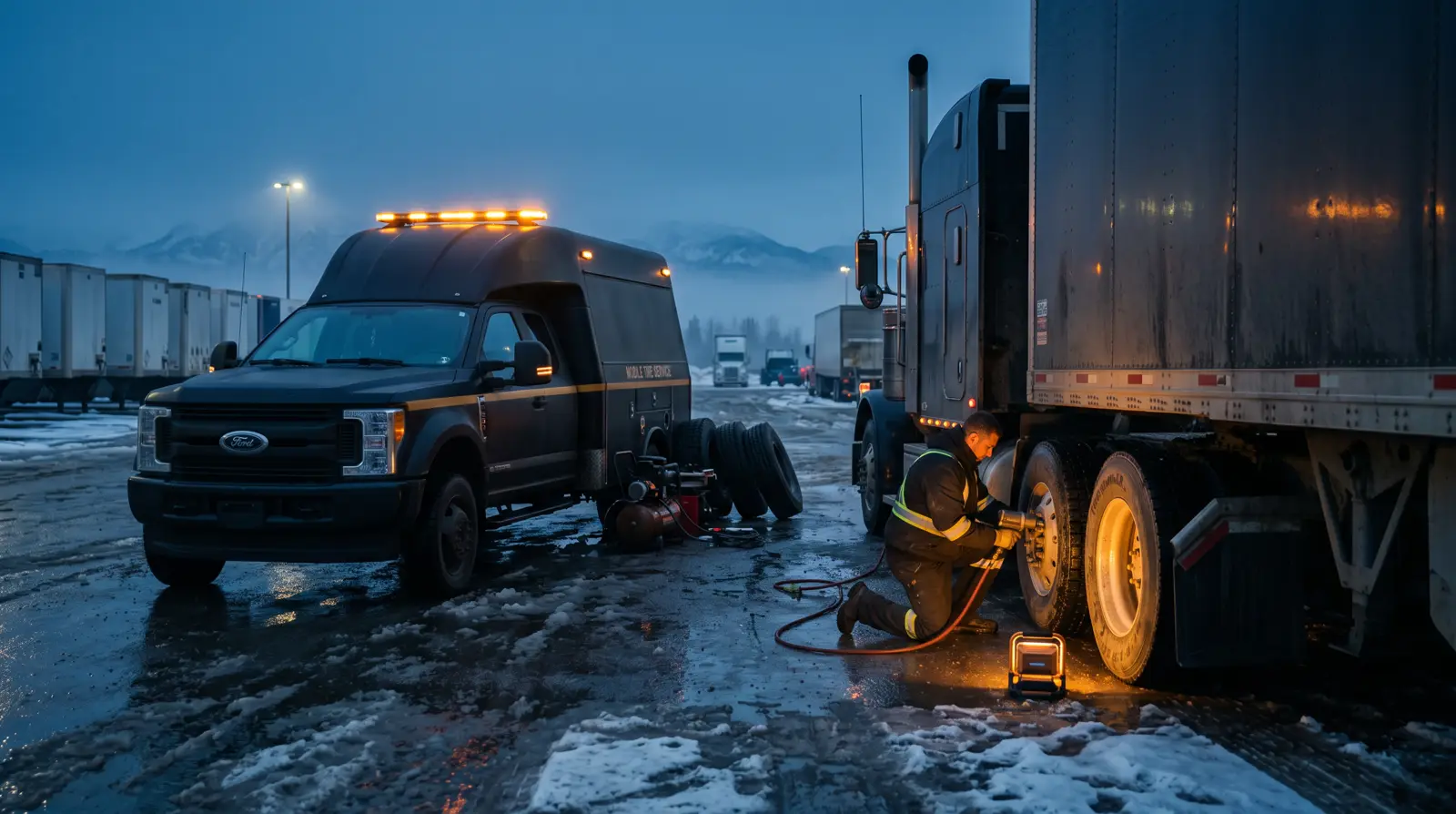 Falcon service truck working on a semi trailer wheel in a Calgary trucking yard at dusk