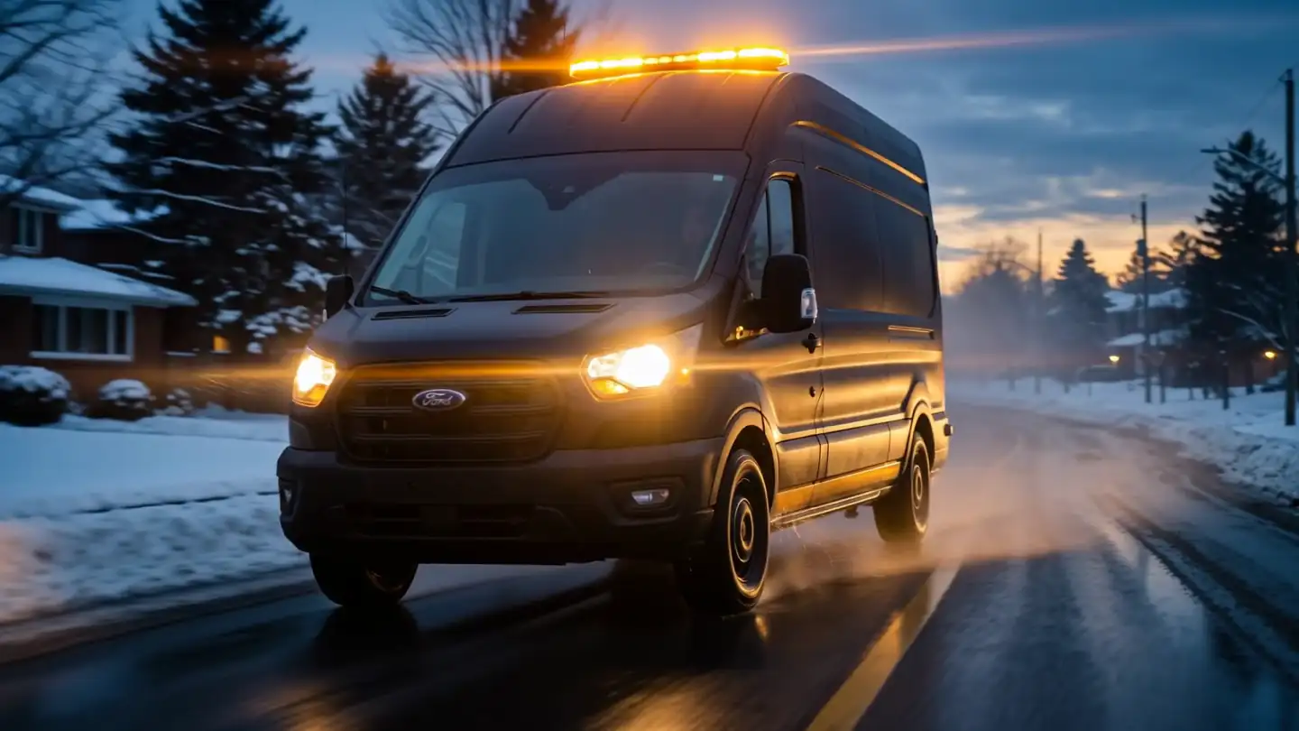 Falcon service van arriving on a Calgary street at dusk