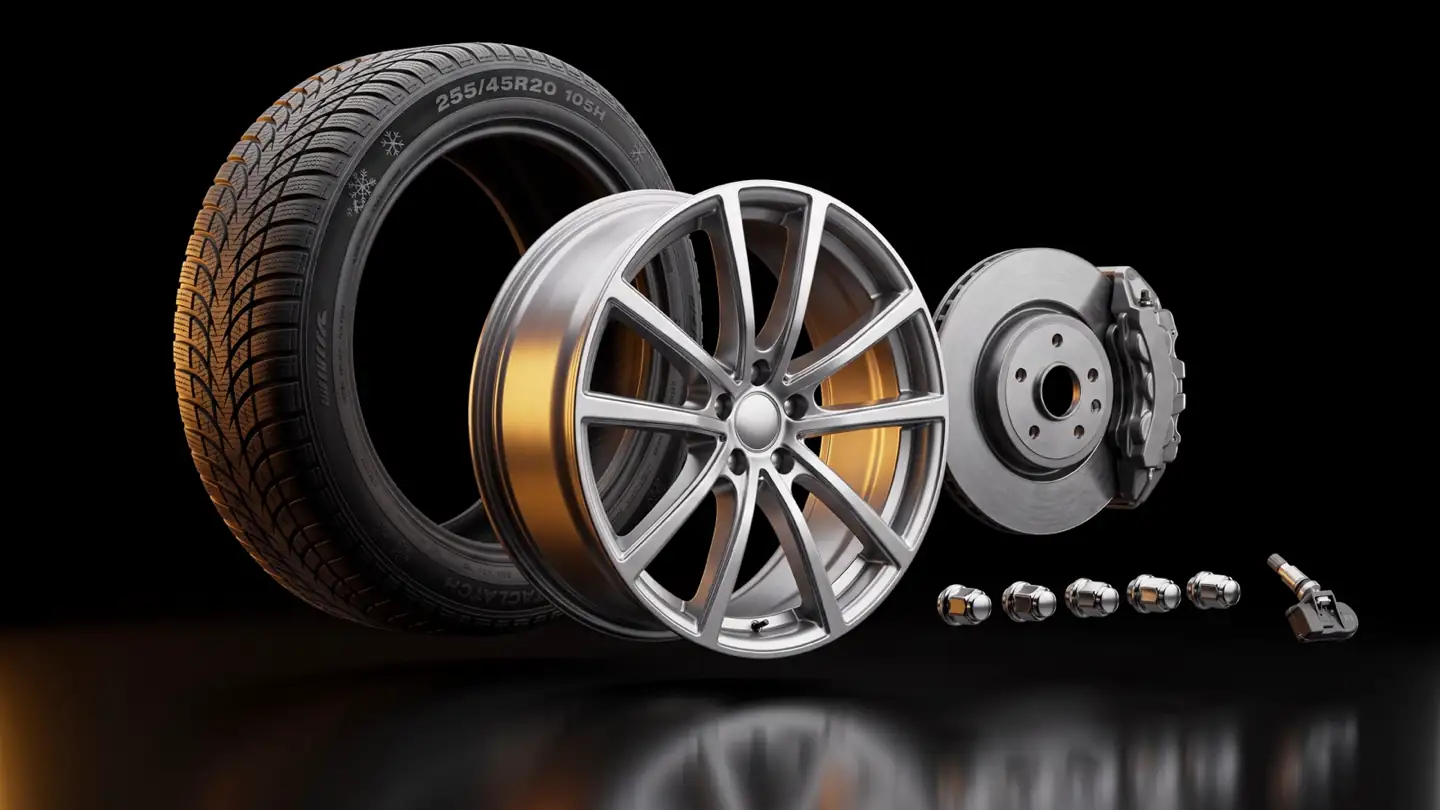 Exploded view of a wheel: tire, alloy rim, brake disc, lug nuts and TPMS sensor