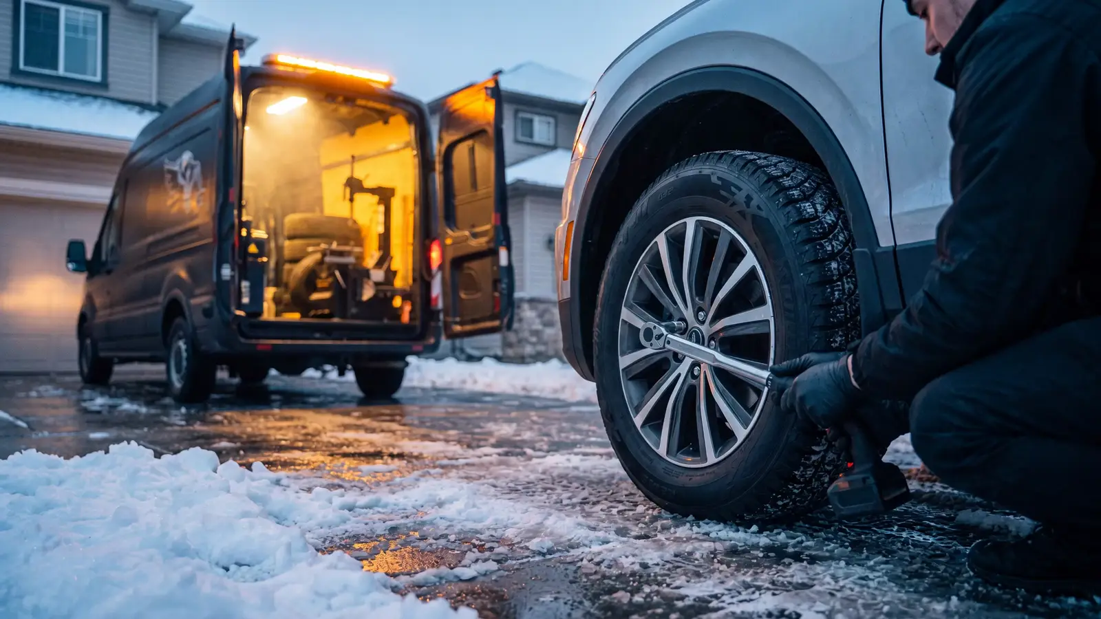 Falcon technician torquing a wheel beside the service van in a driveway